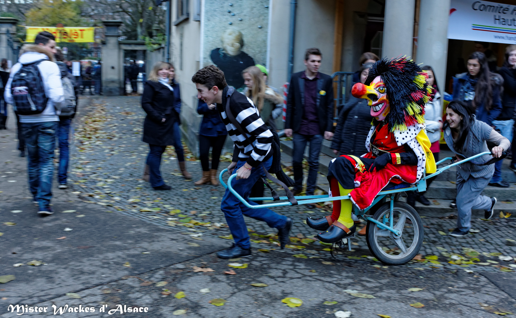 Téléthon Mulhouse 2013, Mister Wackes d’Alsace participe au défi Joëlette au lycée Montaigne