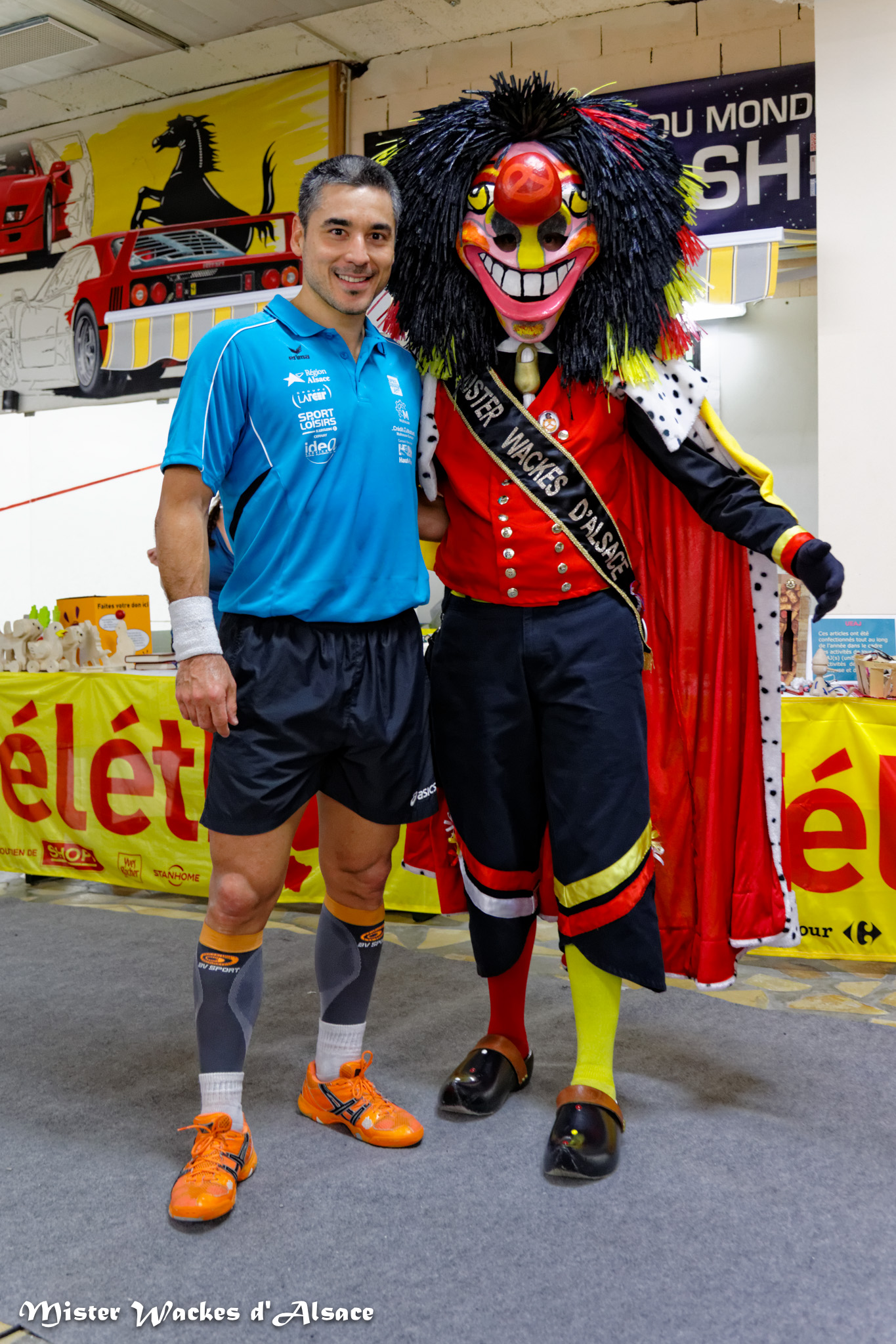 Téléthon Mulhouse 2013, Squash 3000, Mister Wackes d’Alsace aux cotés de Thierry Lincou, figure de légende du squash français et parrain du Téléthon Mulhouse