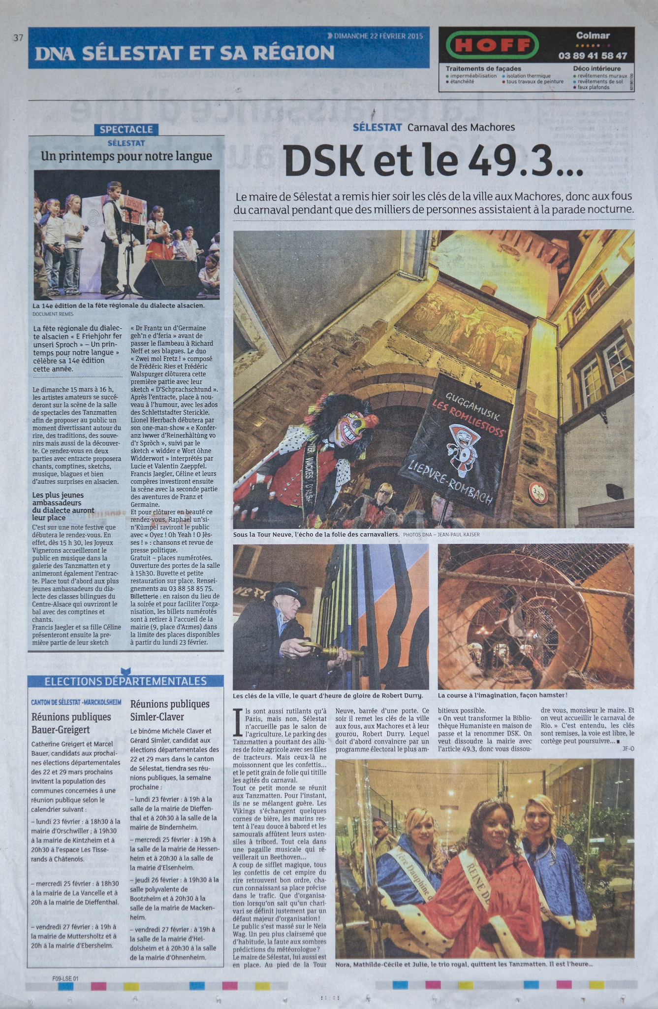 Carnaval nocturne de Sélestat - DSK et le 49-3, article parru le 22 février 2015 dans les DNA, Dernières Nouvelles d'Alsace