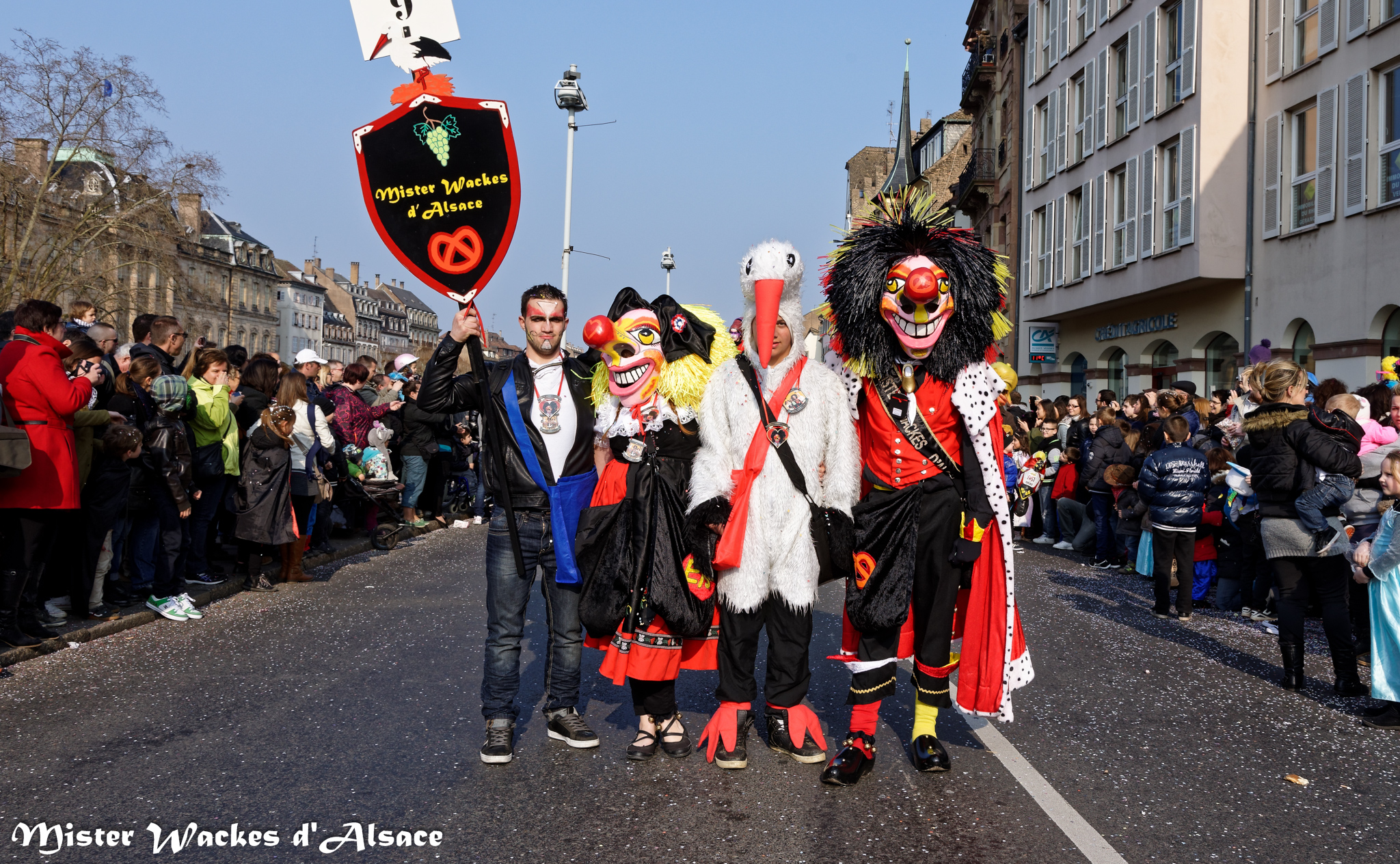 Carnaval de Strasbourg 2015 avec Mister Wackes d'Aslace, sa dulcinée Elsa et la cigogne Bretzel